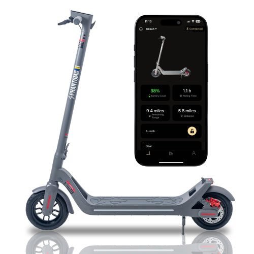 Phantom A8 Electric Scooter, side profile, parked on a city street.