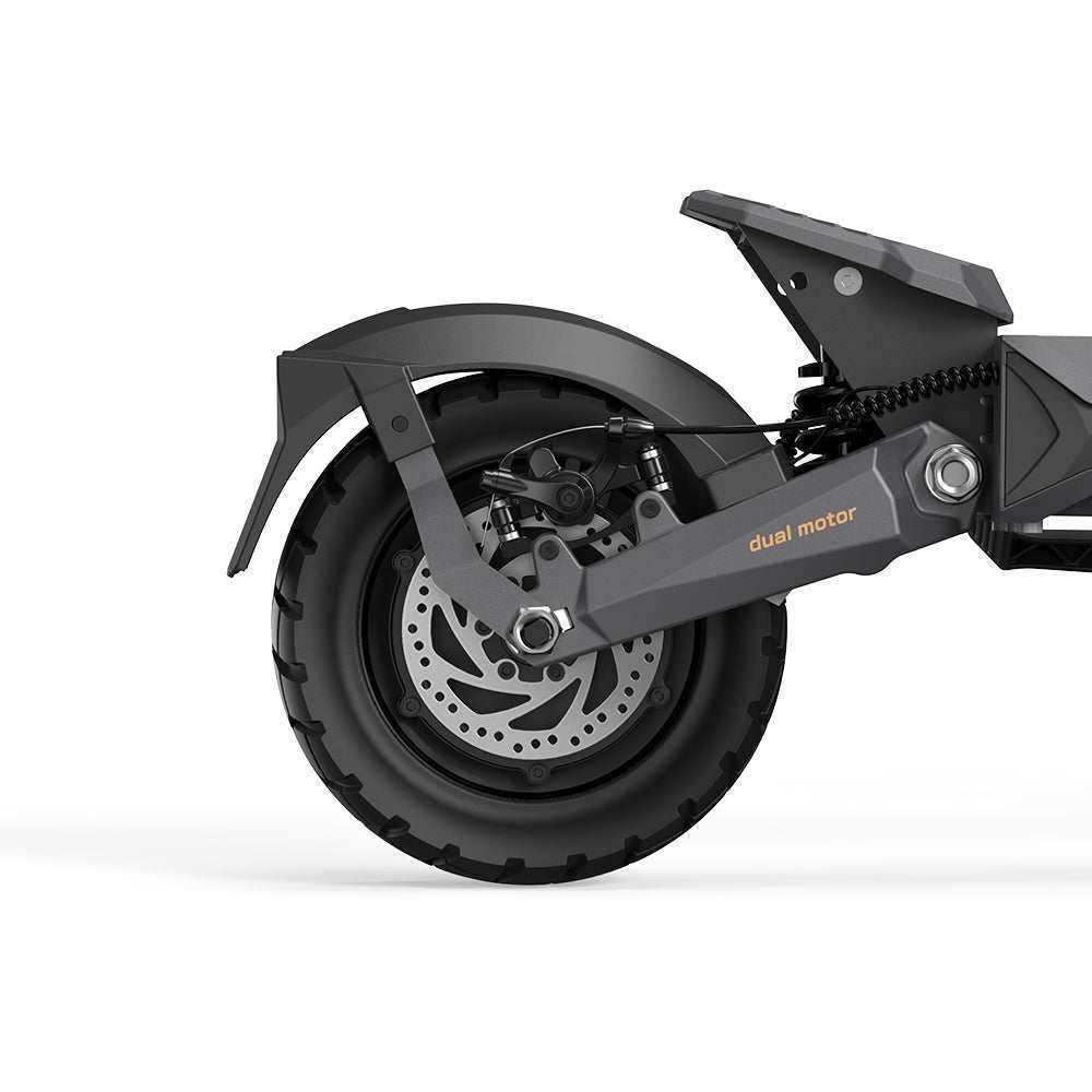 Rear disc brake and dual-motor swingarm detail on the Ausom L2 Max Dual Motor
