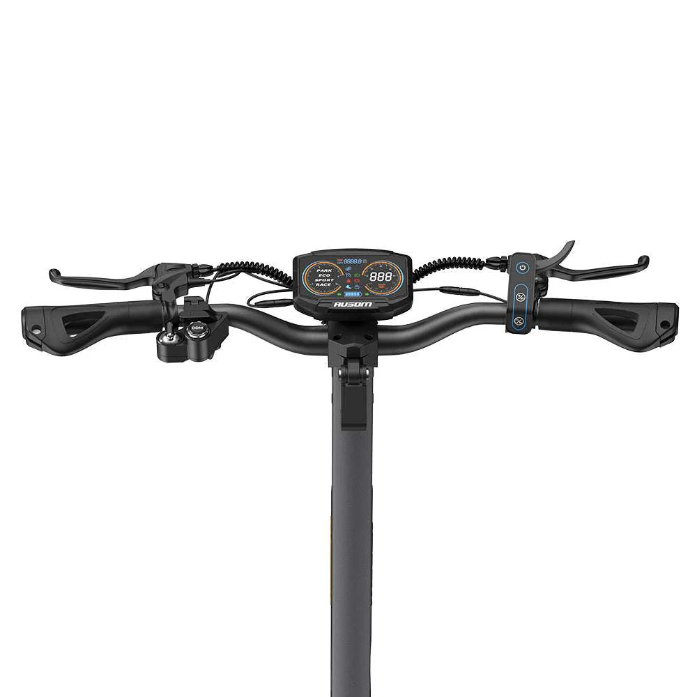 Ausom L2 Max Dual Motor handlebar — brake levers, throttle, and central display
