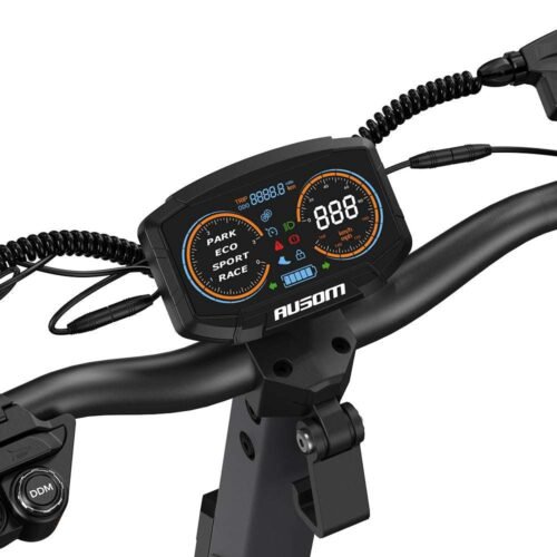Ausom L2 Max Dual Motor color display close-up showing Park, Eco, Sport, and Race ride modes