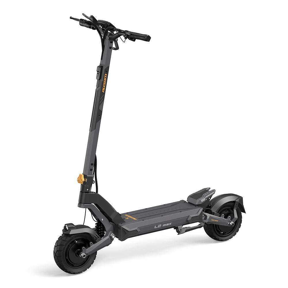 Ausom L2 Max Dual Motor electric scooter — front view showing folding latch and wide deck