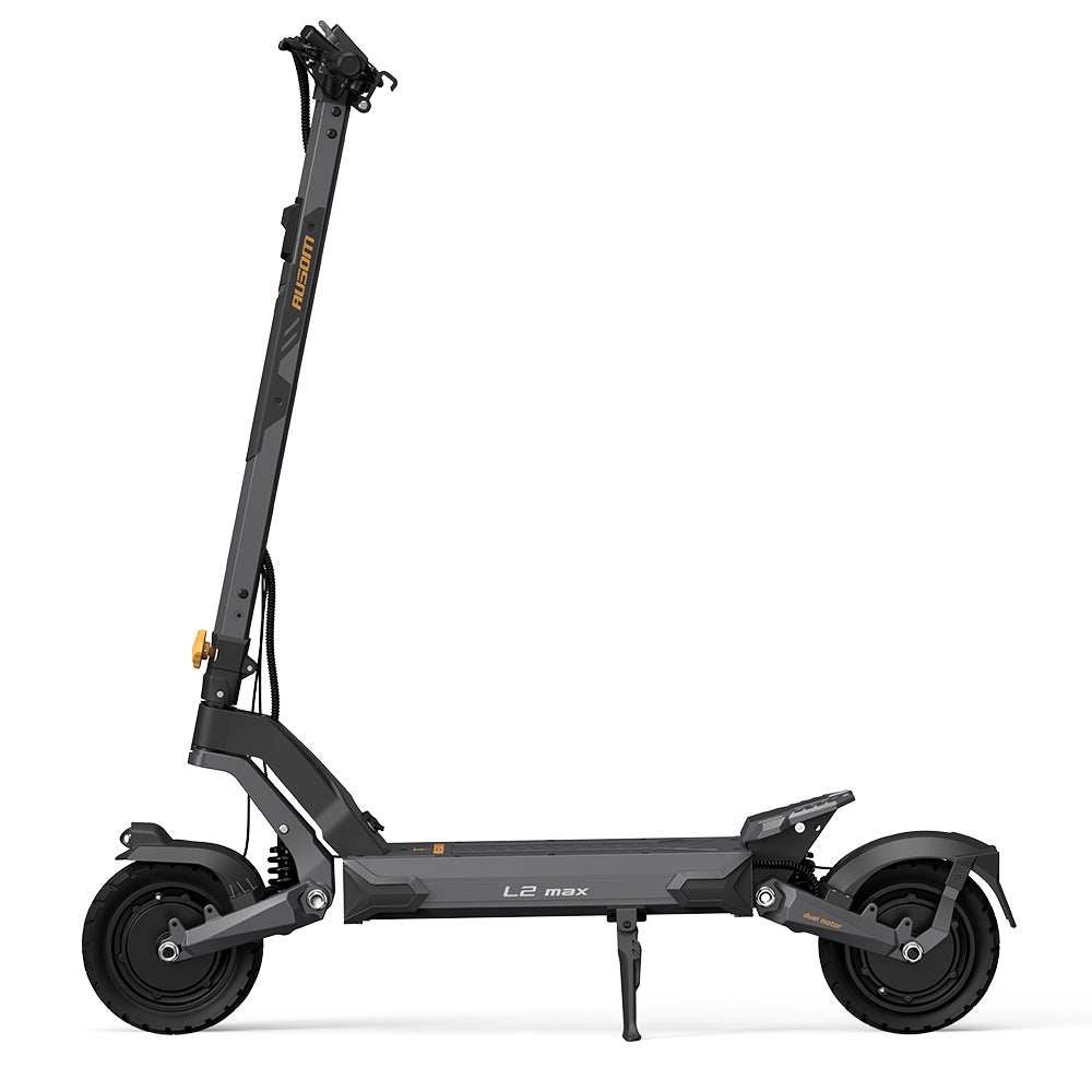 Ausom L2 Max Dual Motor electric scooter — left side profile showing rear swingarm suspension