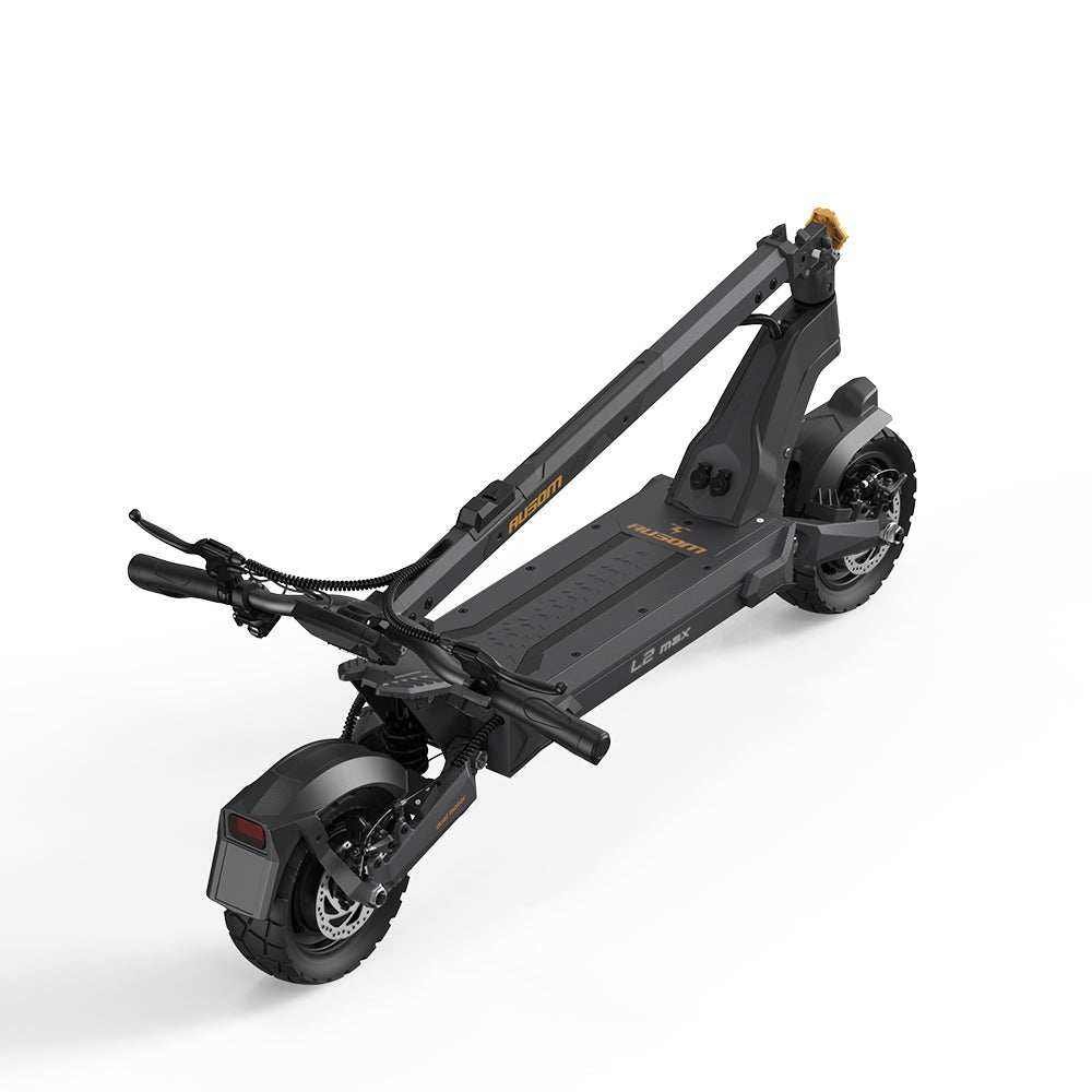 Ausom L2 Max Dual Motor folded — angled top view showing deck and folded stem