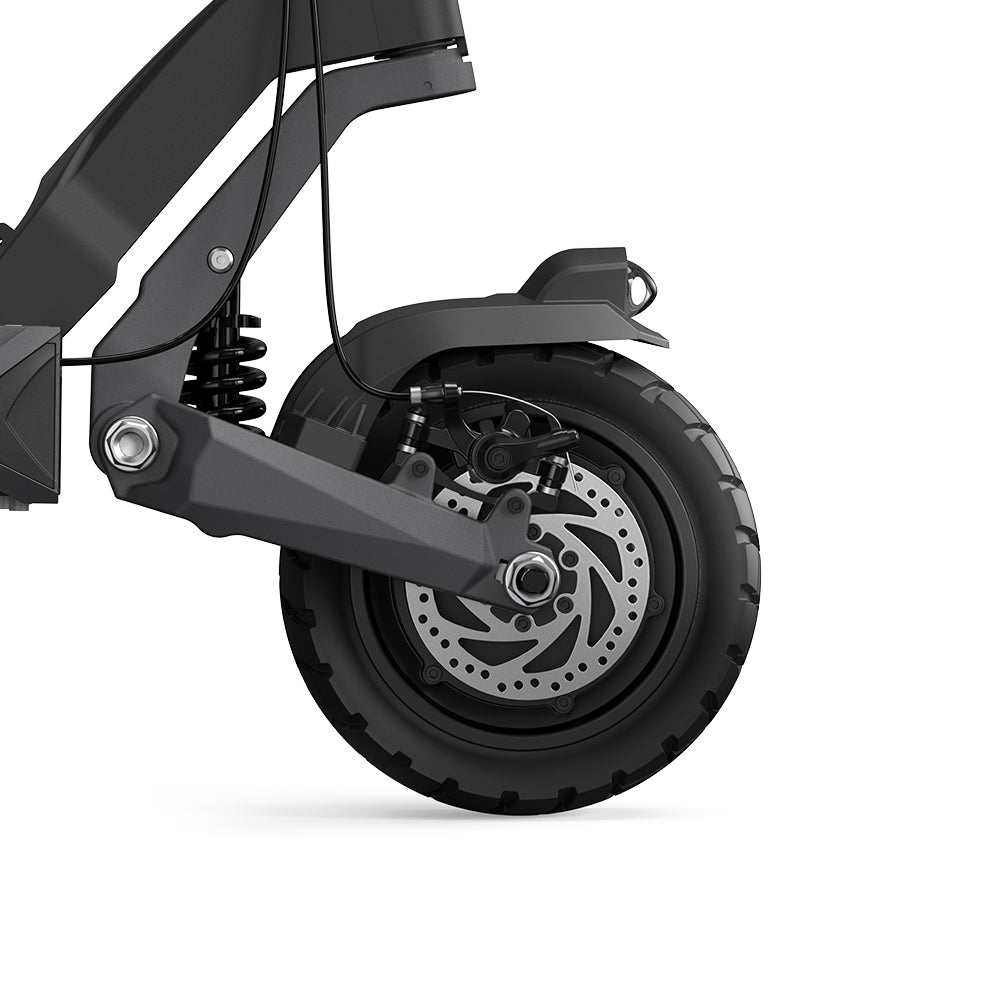 Front disc brake and spring suspension detail on the Ausom L2 Max Dual Motor