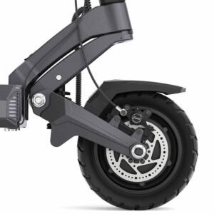 Front hydraulic disc brake and swingarm detail on the Ausom DT2 Pro