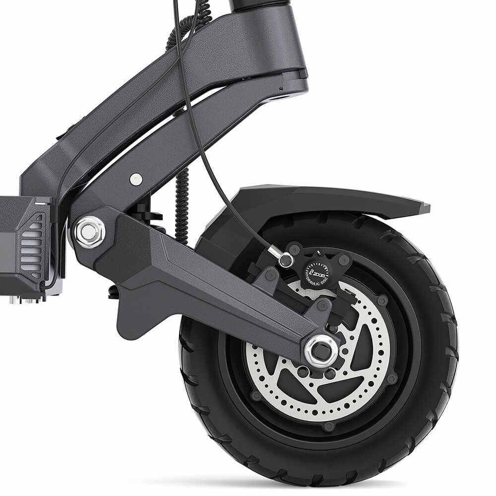 Front hydraulic disc brake and swingarm detail on the Ausom DT2 Pro