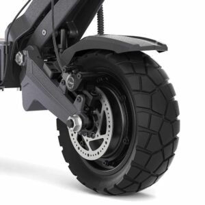 Rear wheel of the Ausom DT2 Pro — off-road tire, hub motor, and disc brake