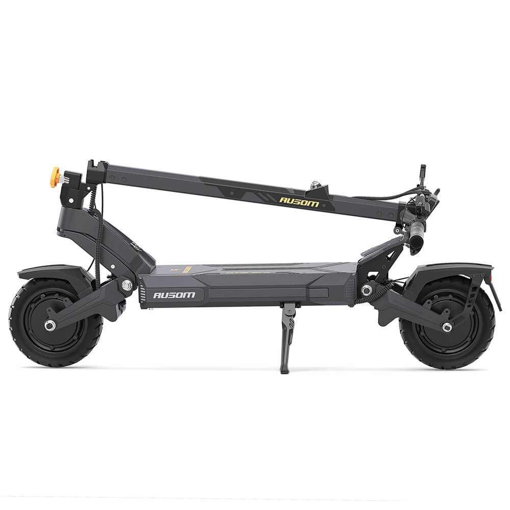 Ausom DT2 Pro electric scooter folded for transport — side view
