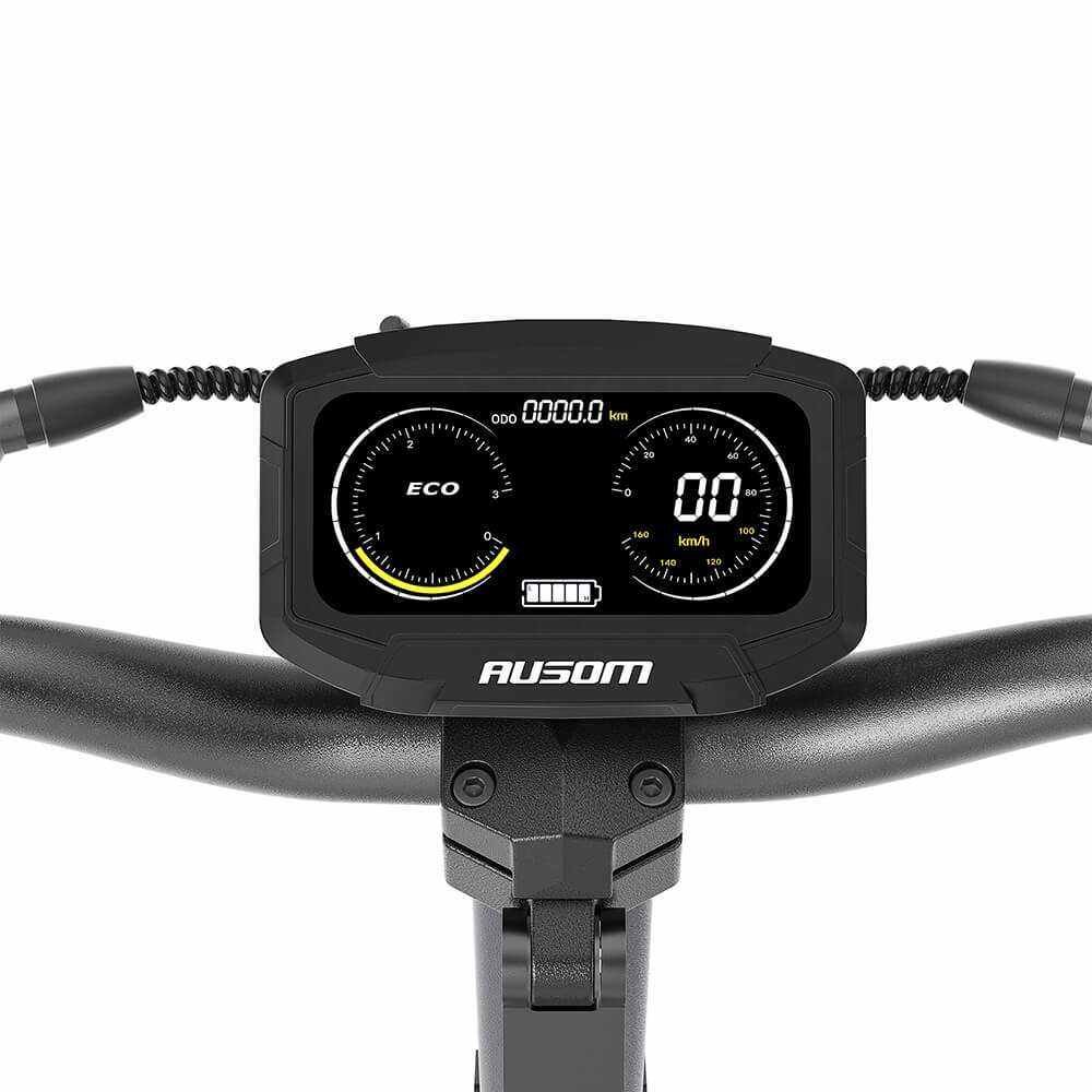 Ausom DT2 Pro color display showing speed, battery, and ride mode