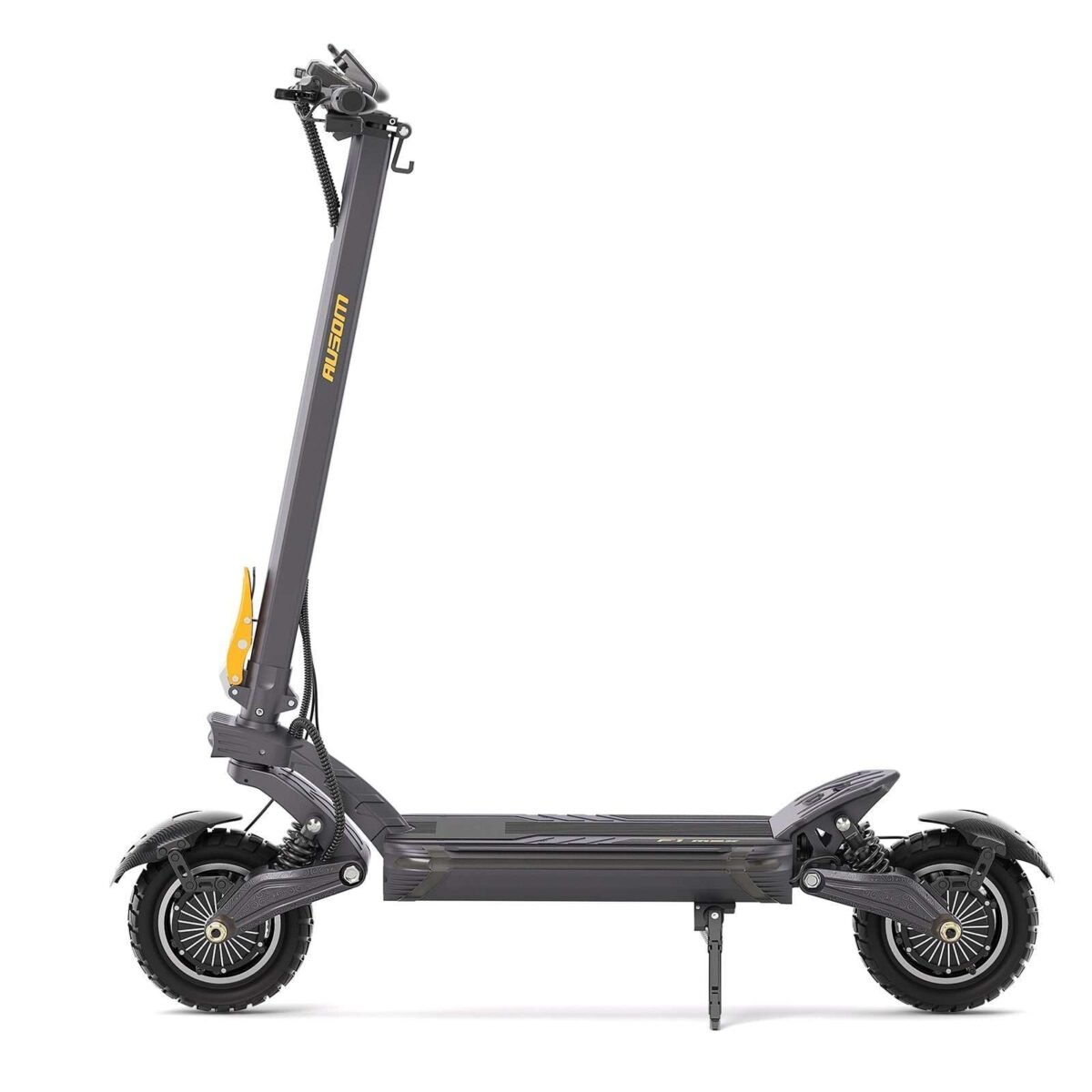 Ausom F1 Max electric scooter — side profile with 10-inch fat tires and swingarm suspension