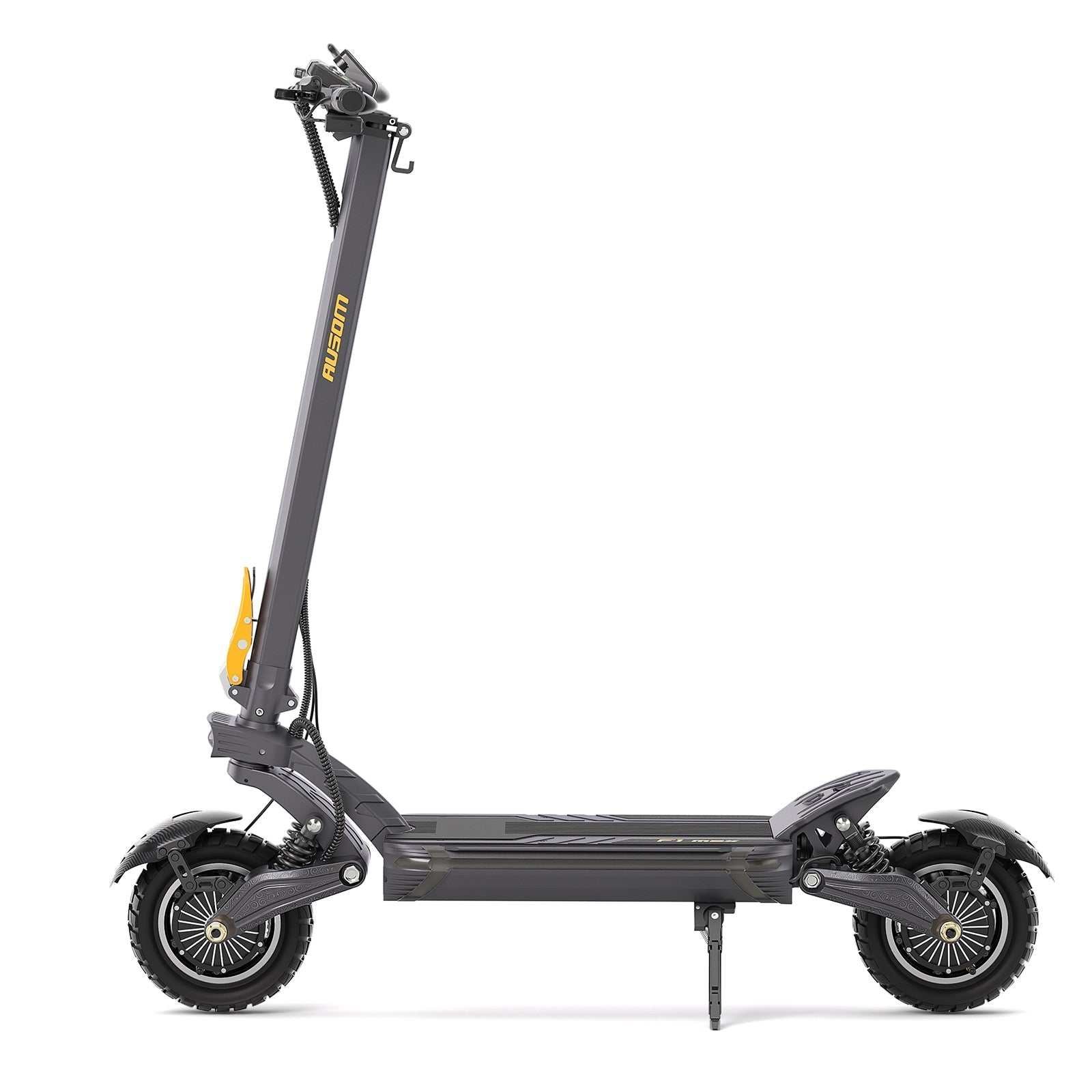 Ausom F1 Max electric scooter — side profile with 10-inch fat tires and swingarm suspension