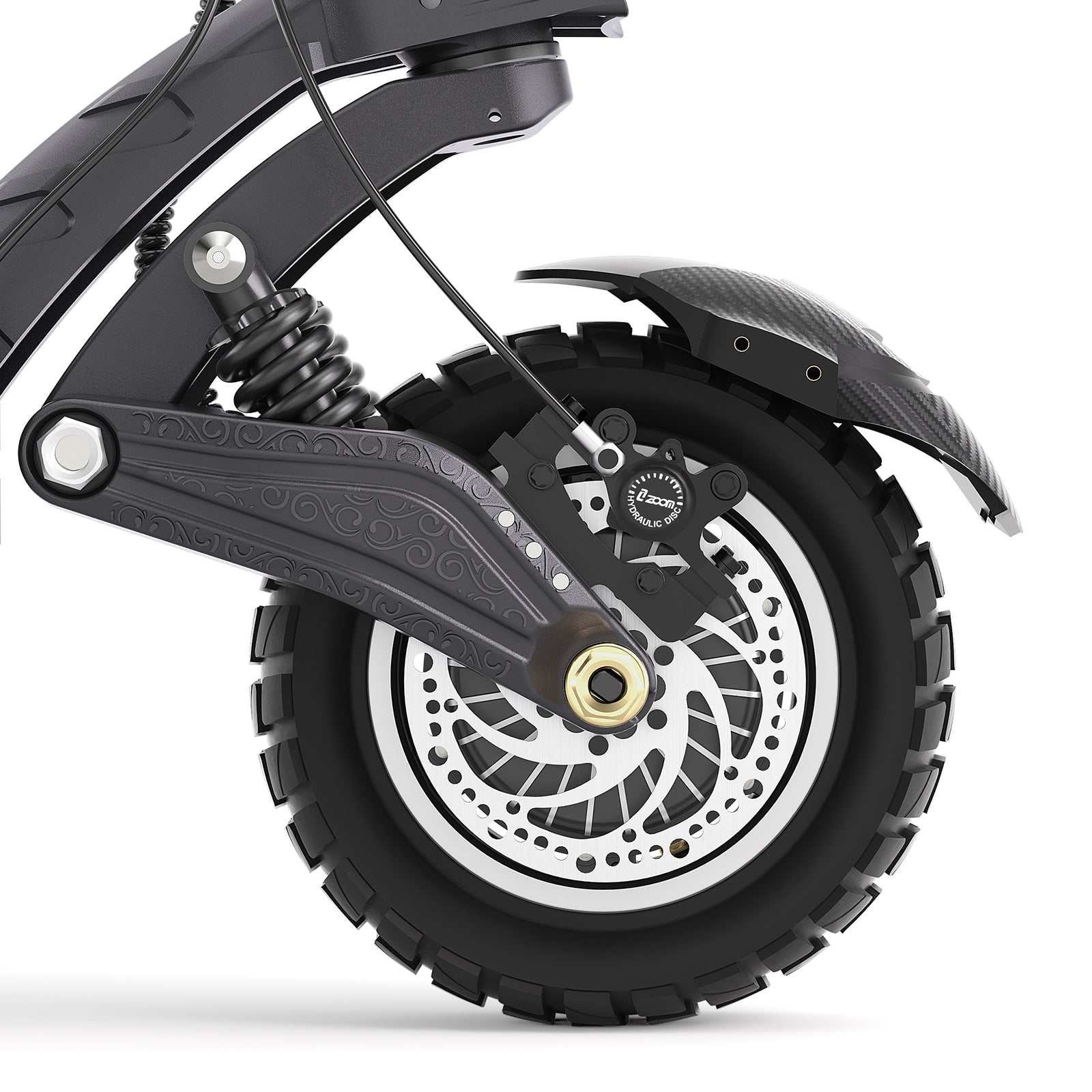 Front disc brake and swingarm suspension on the Ausom F1 Max