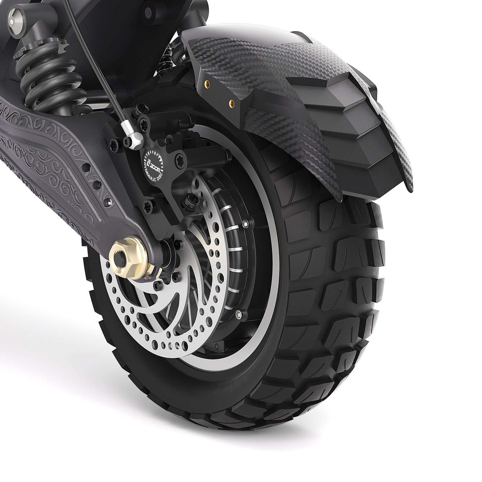 Rear fat tire, hub motor, and disc brake of the Ausom F1 Max
