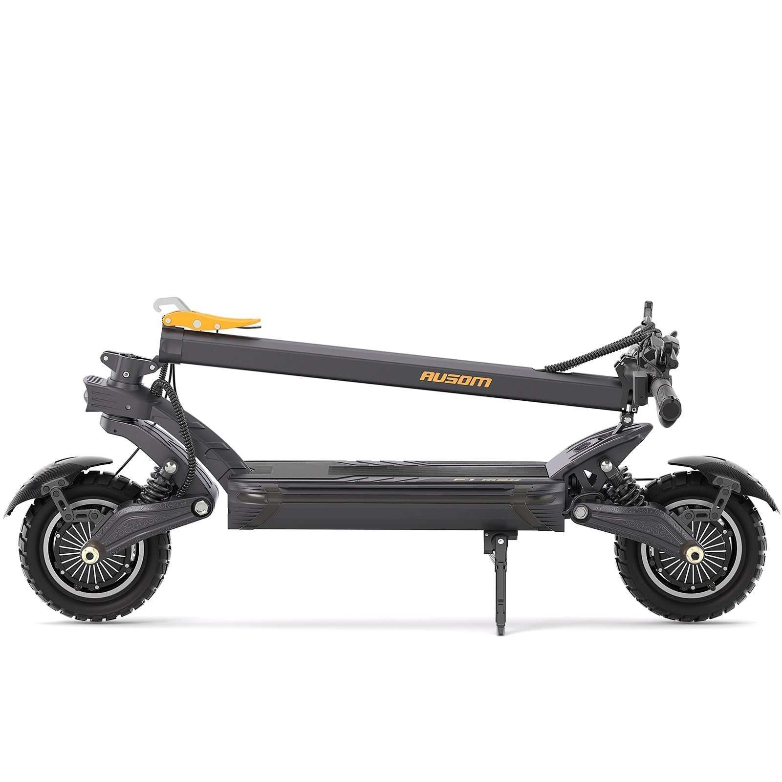 Ausom F1 Max electric scooter folded for transport — side view