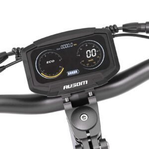 Ausom F1 Max color display showing speed, battery level, and ride mode
