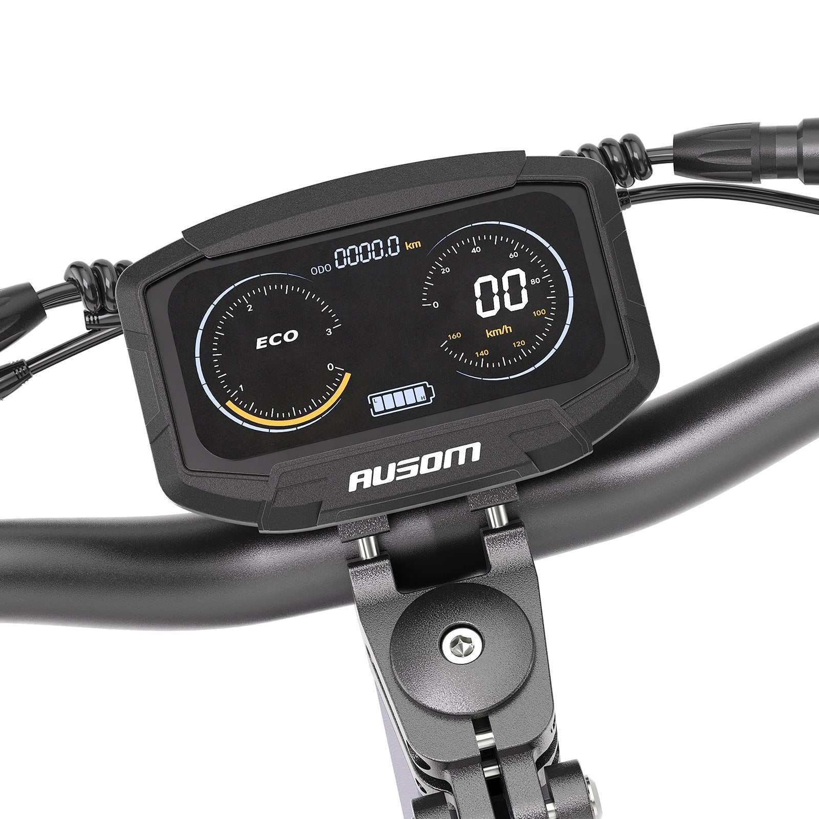 Ausom F1 Max color display showing speed, battery level, and ride mode