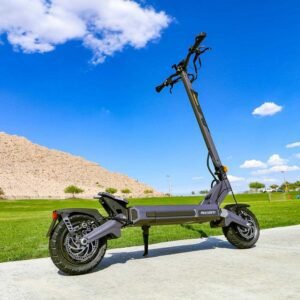 Ausom DT2 Pro electric scooter parked outdoors under blue sky — rear three-quarter view