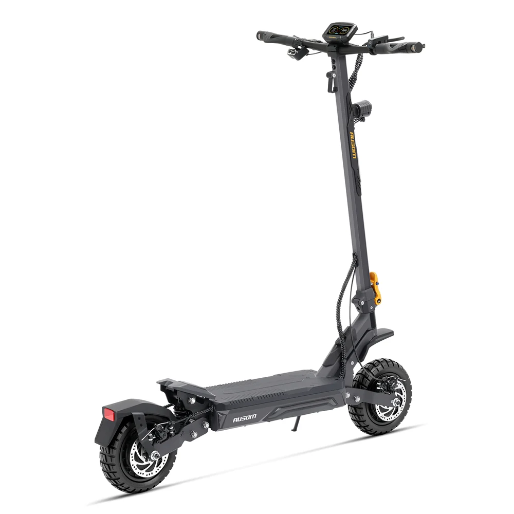 Ausom Gosoul 2 Pro electric scooter — rear three-quarter view with display and coiled brake lines