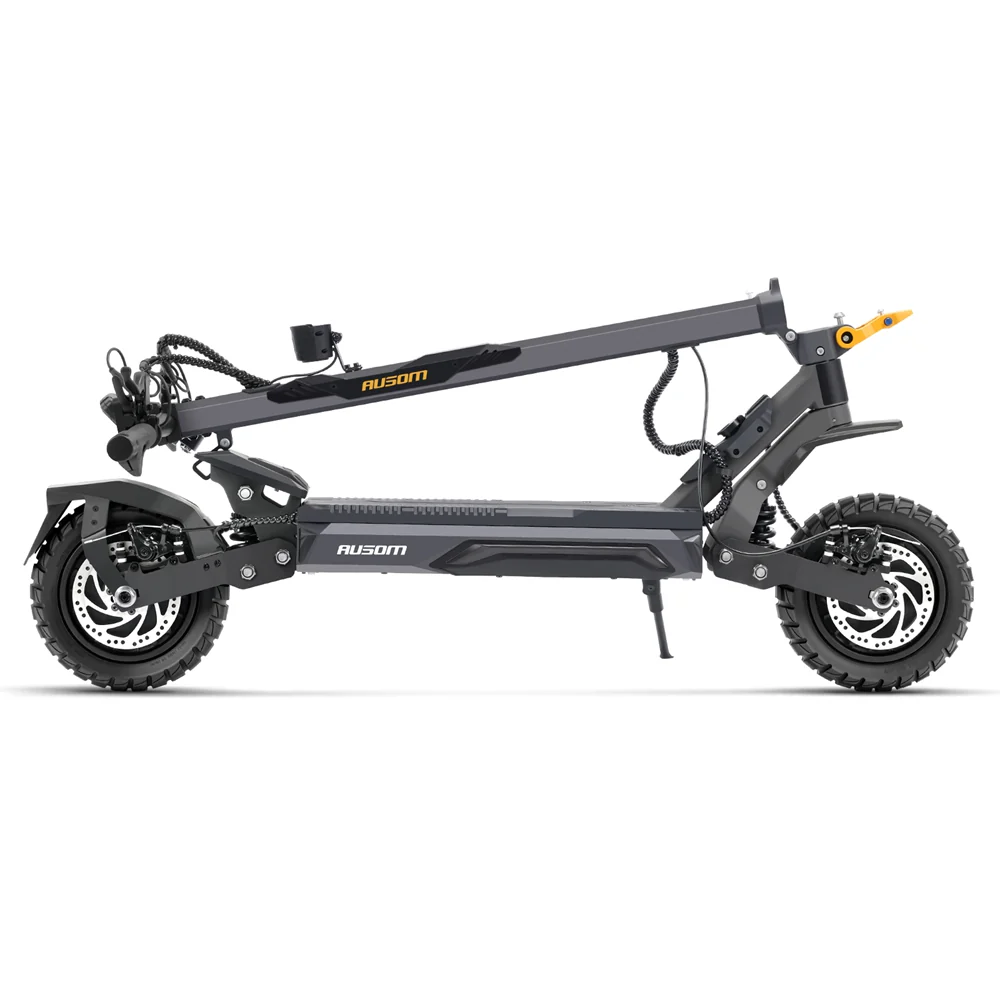 Ausom Gosoul 2 Pro electric scooter folded for transport — side view showing knobby off-road tires