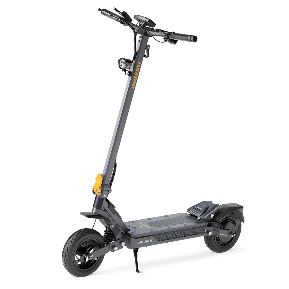 Ausom Gosoul 2 electric scooter in grey — three-quarter studio view with kickstand down