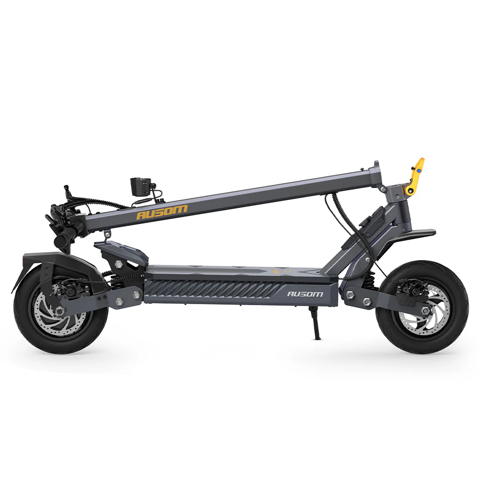 Ausom Gosoul 2 electric scooter folded flat for storage and carrying — side view