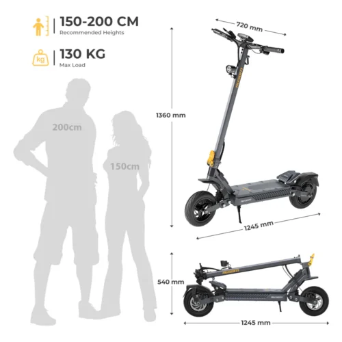 Ausom Gosoul 2 size chart — 1360 mm tall unfolded, 540 mm folded, for riders 150–200 cm up to 130 kg (287 lbs)