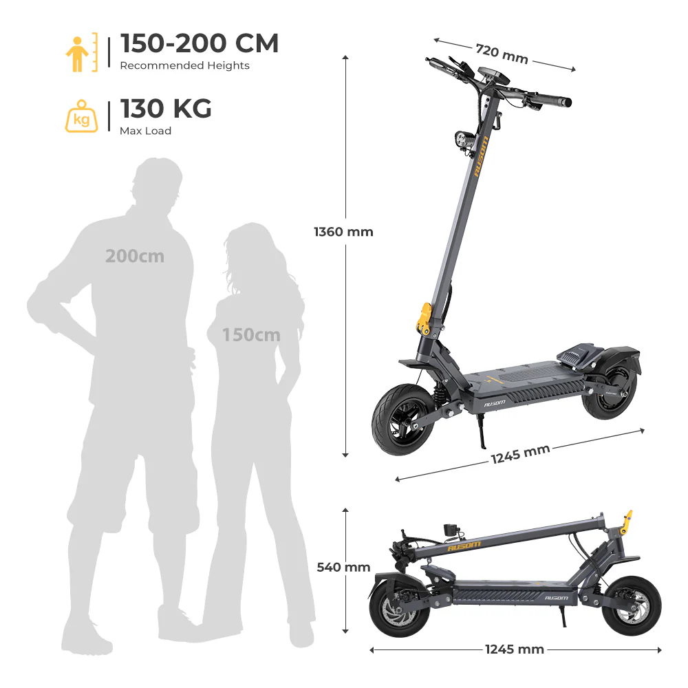 Ausom Gosoul 2 size chart — 1360 mm tall unfolded, 540 mm folded, for riders 150–200 cm up to 130 kg (287 lbs)