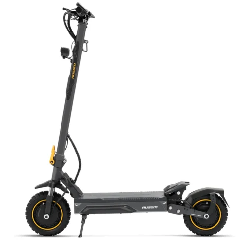 Ausom K20 Pro dual motor electric scooter — side profile with yellow-rimmed off-road wheels