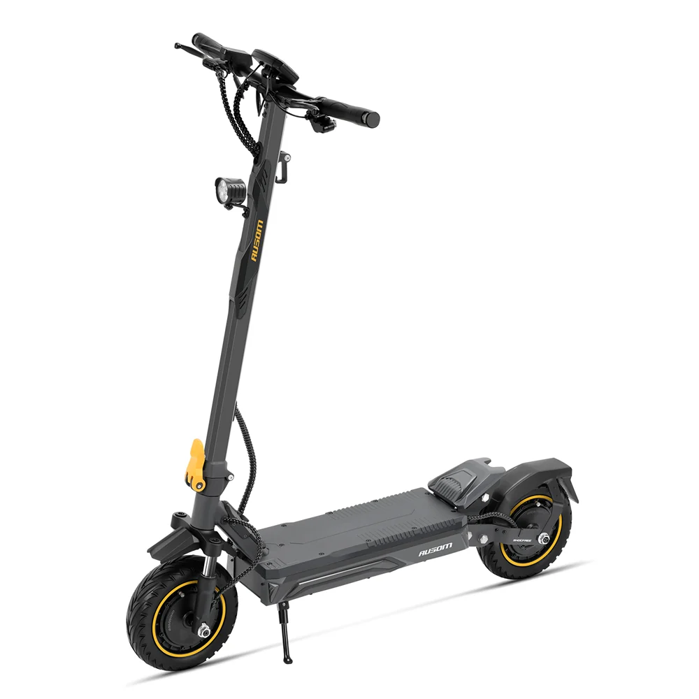 Ausom K20 Pro electric scooter — front view showing folding latch and knobby tires