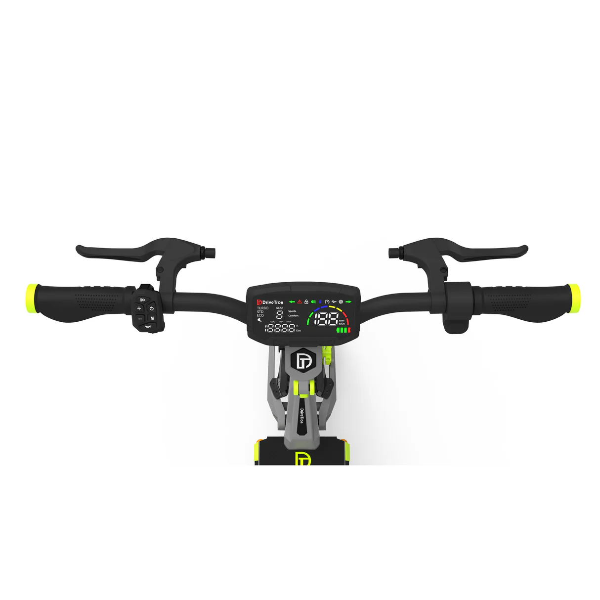 DriveTron Nova handlebar with color display, brake levers, and thumb throttle