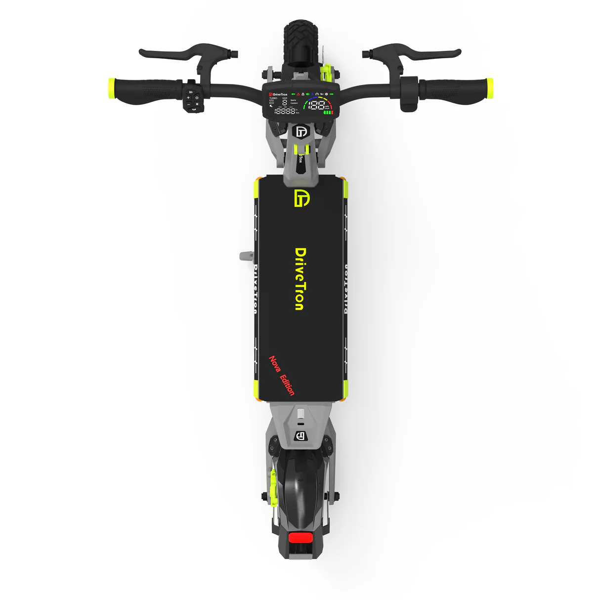 DriveTron Nova electric scooter, top-down view of the deck and cockpit