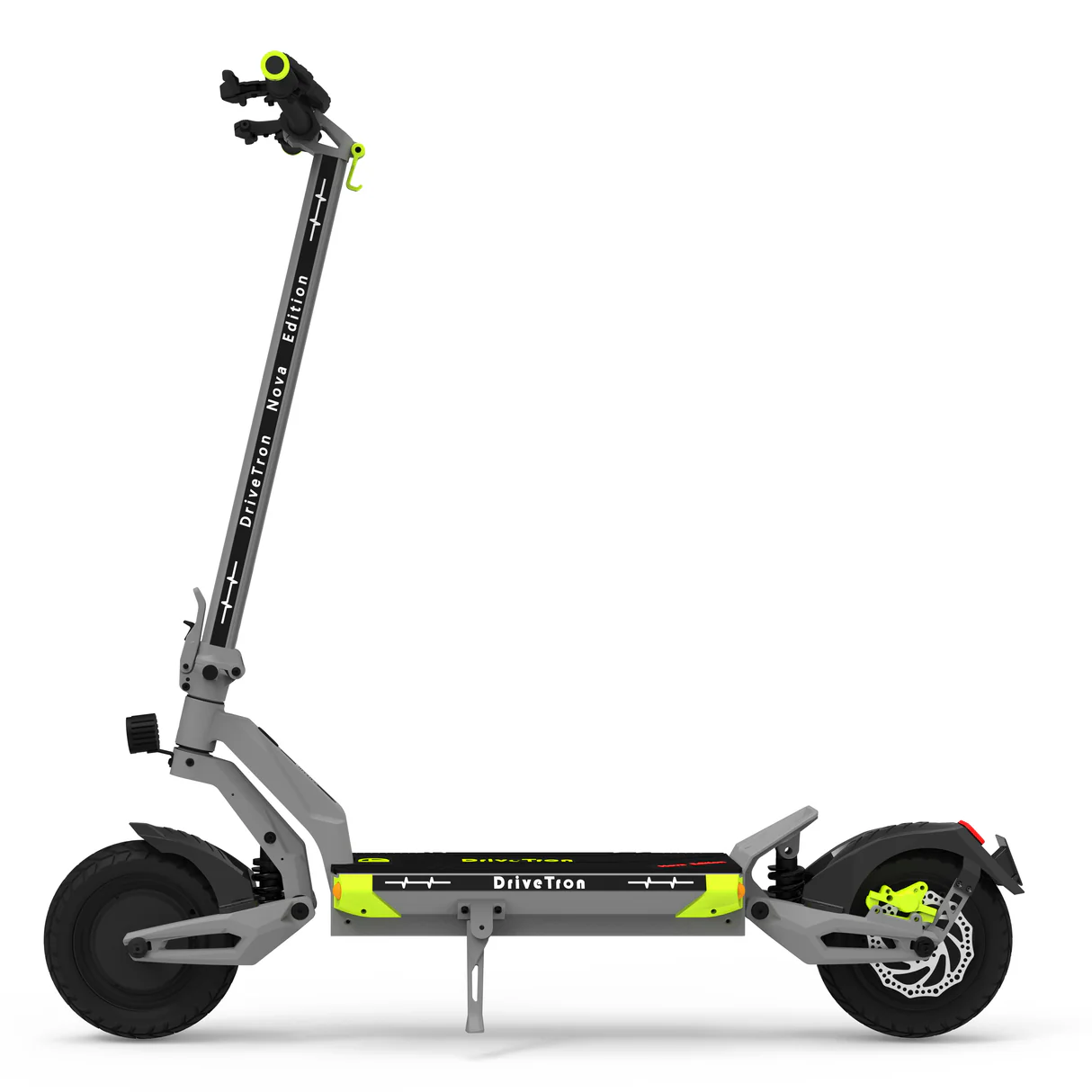 DriveTron Nova electric scooter, left side profile with hydraulic disc brakes