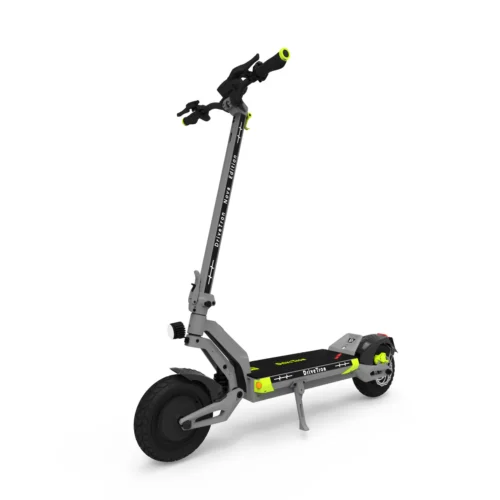 DriveTron Nova electric scooter, front three-quarter view with kickstand down