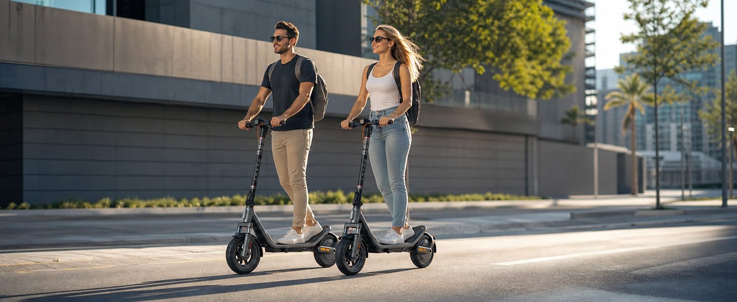 Two riders on AOTOS E3 folding electric scooters