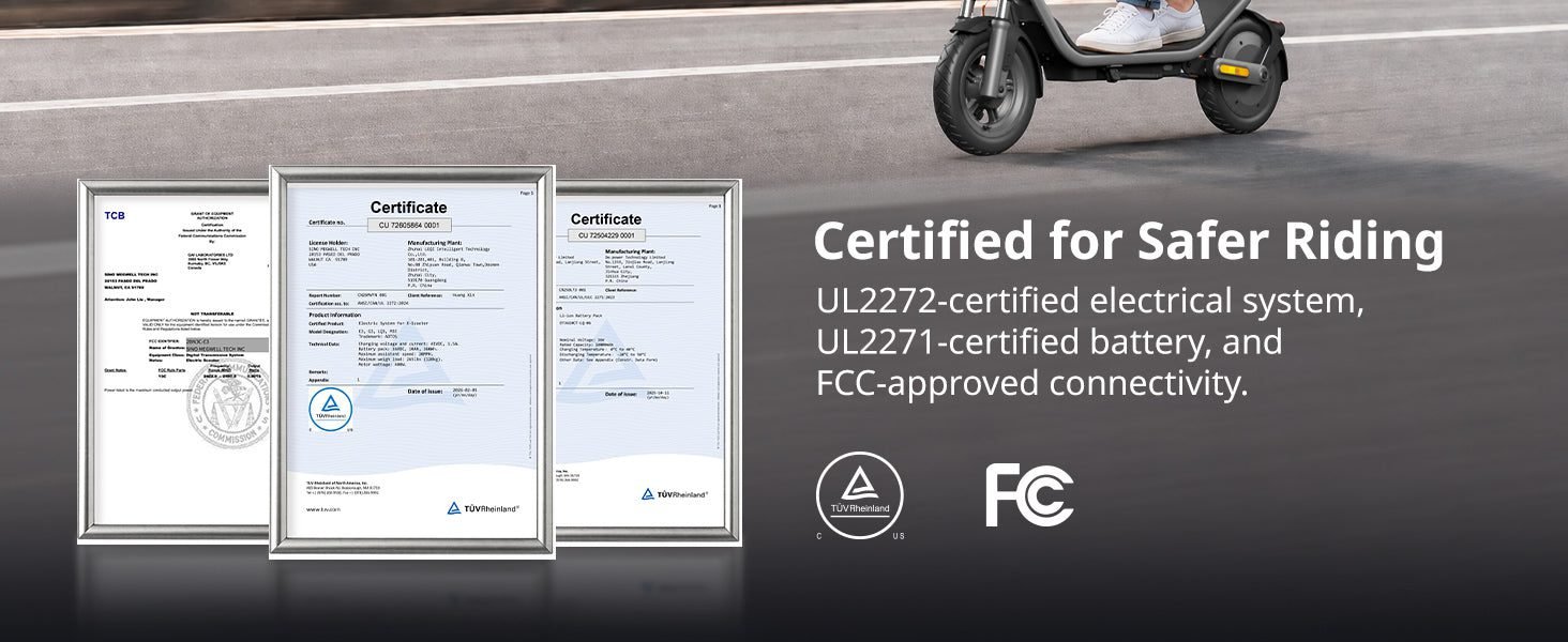 AOTOS E3 test certificates next to the scooter