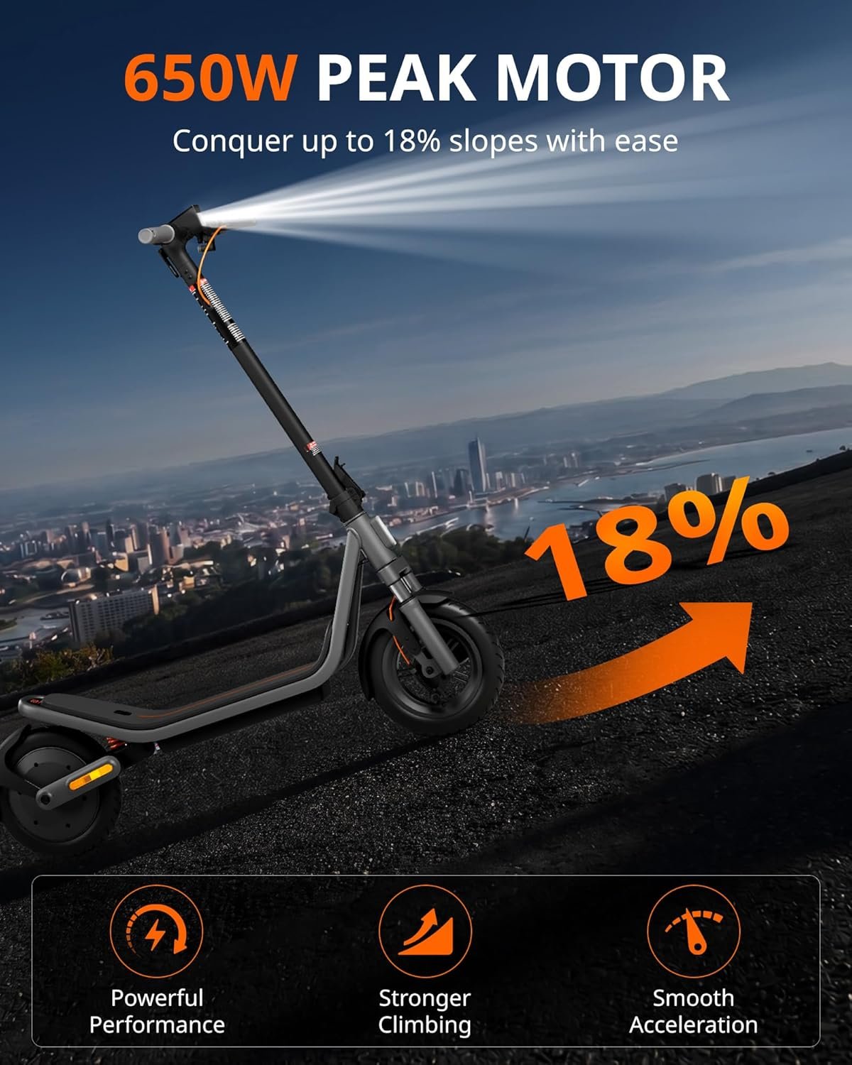 AOTOS E3 electric scooter climbing a steep hill with its headlight on