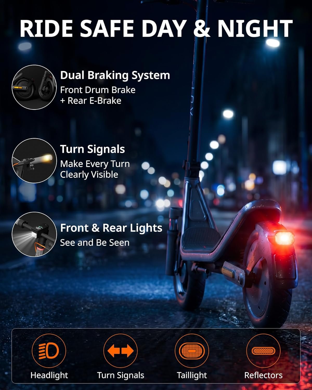 AOTOS E3 electric scooter taillight, turn signals and headlight at night