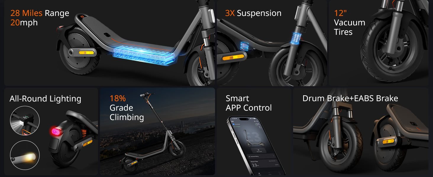AOTOS E3 electric scooter features: range, suspension, tires, lights, app and brakes