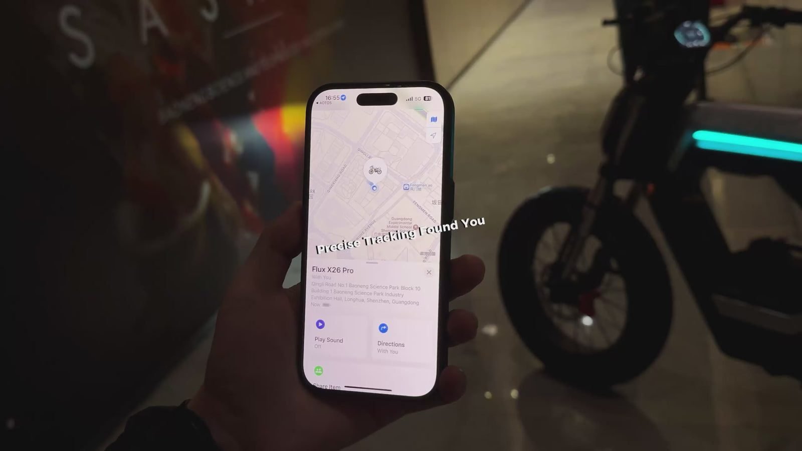 Phone showing the GPS location of a FLUX X26 Pro