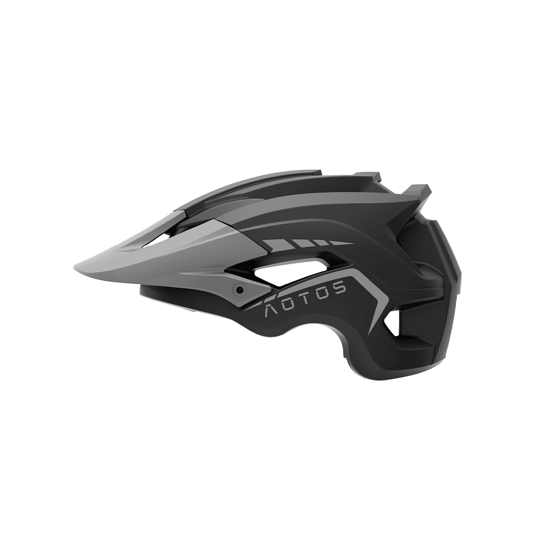 AOTOS electric bike helmet in black and gray, side view with the visor