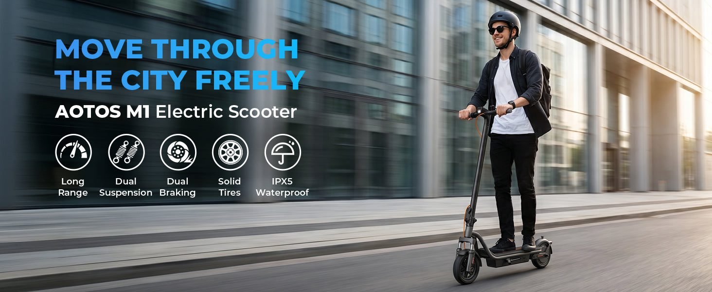 Rider on an AOTOS M1 electric scooter with long range on a city sidewalk