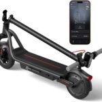 AOTOS M1 electric scooter in red, folded, with the app on a phone