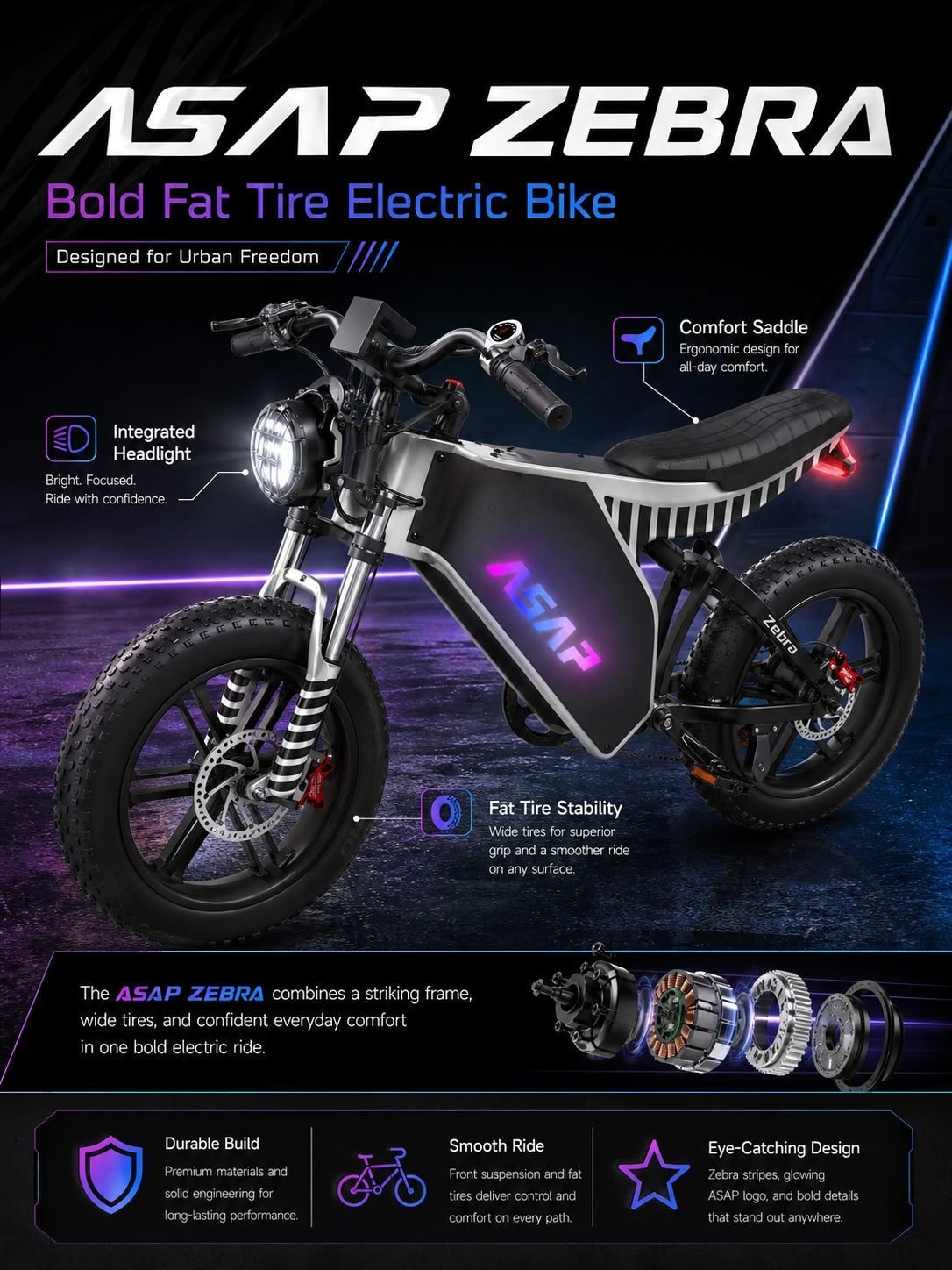 ASAP Zebra electric bike with headlight, saddle and fat tires