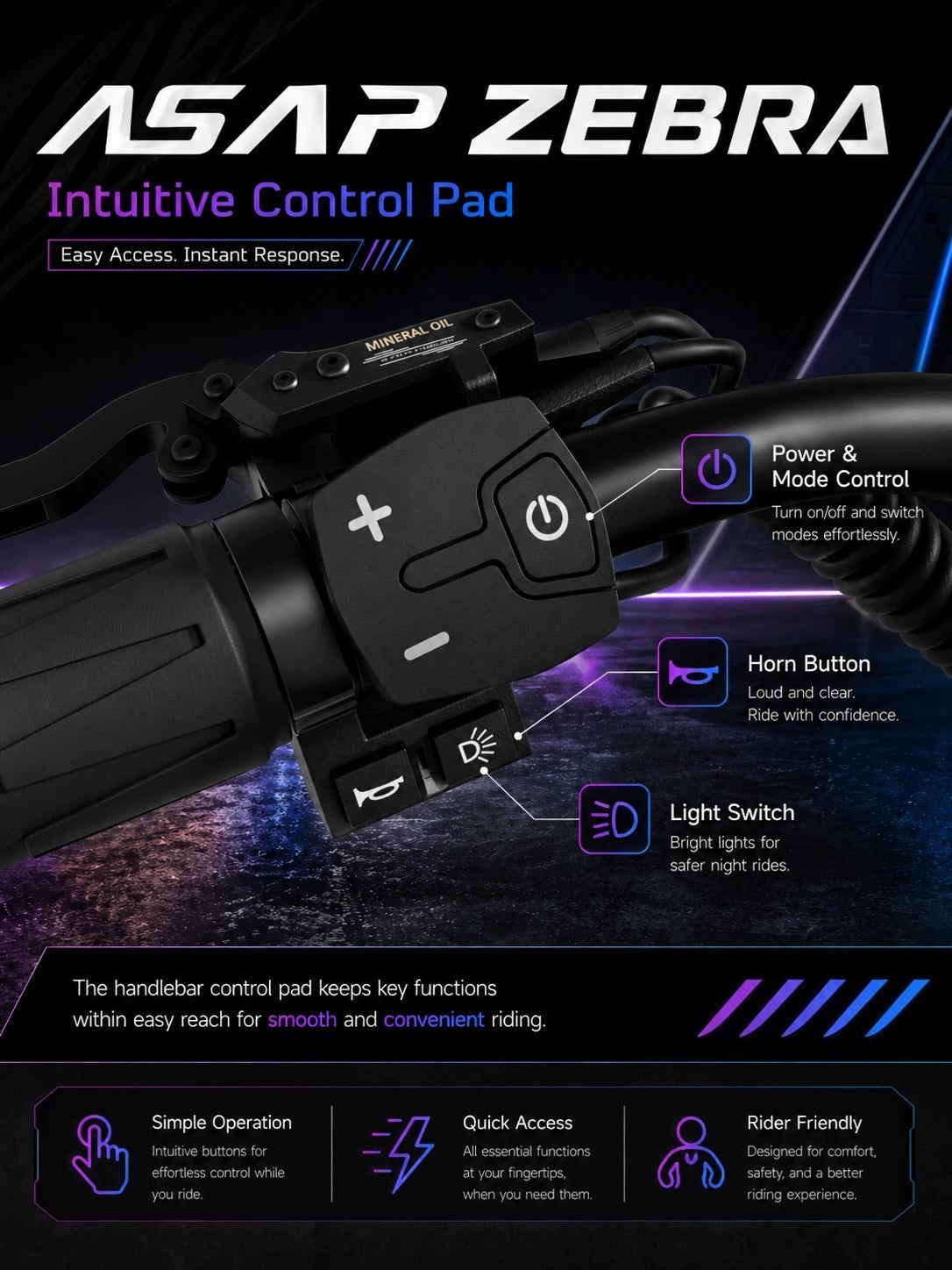 Handlebar control pad with power, horn and light buttons