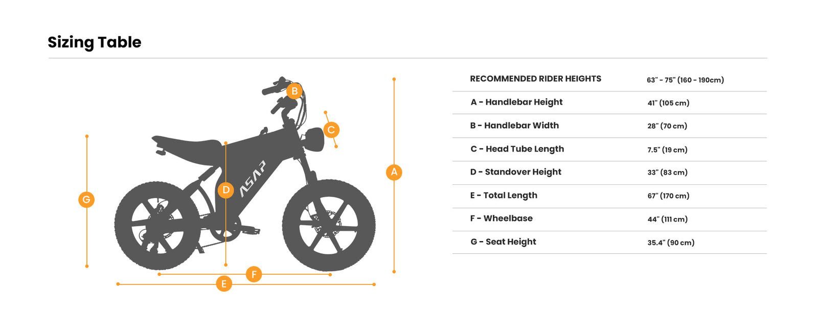 ASAP Zebra electric bike sizing drawing