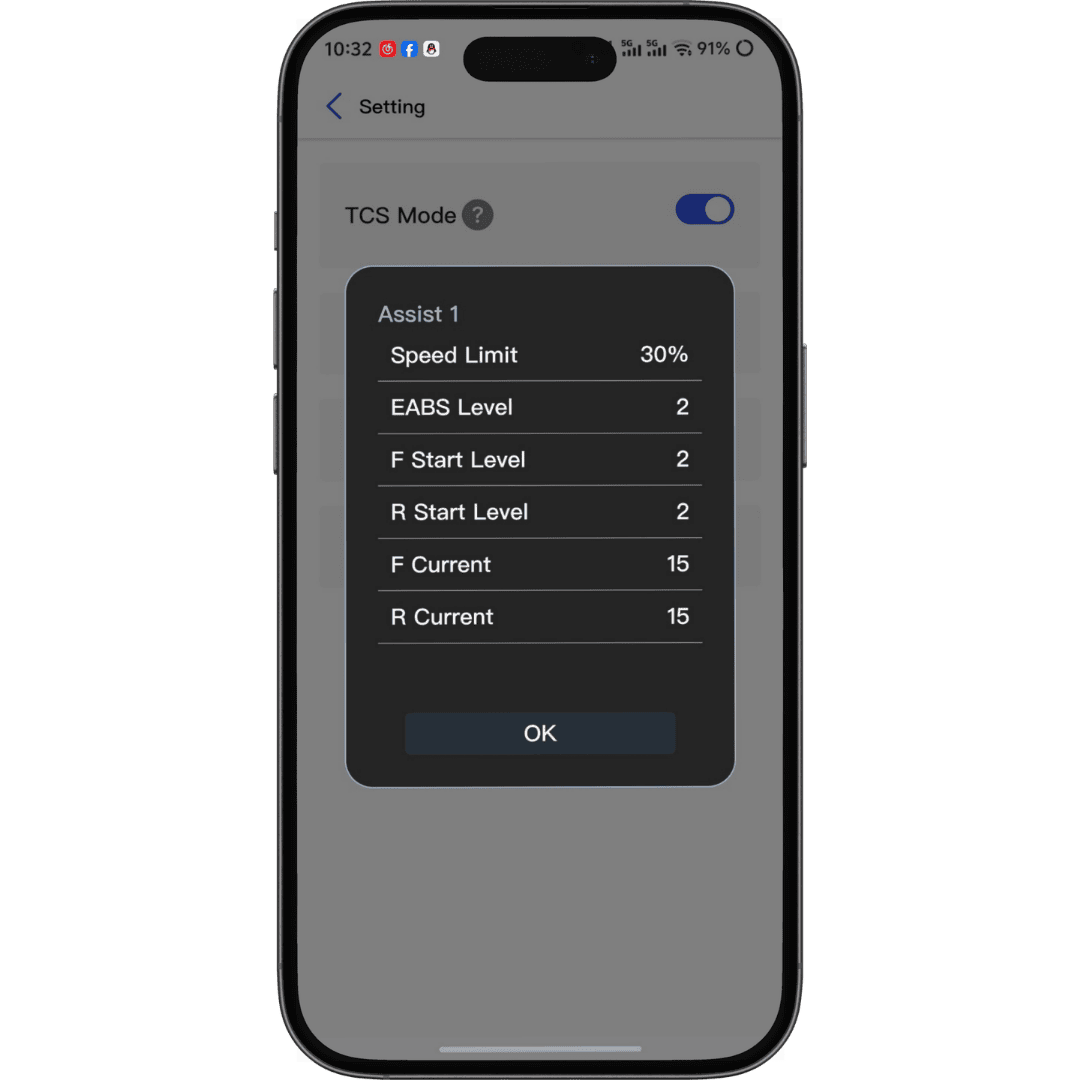 Ride mode settings in the app
