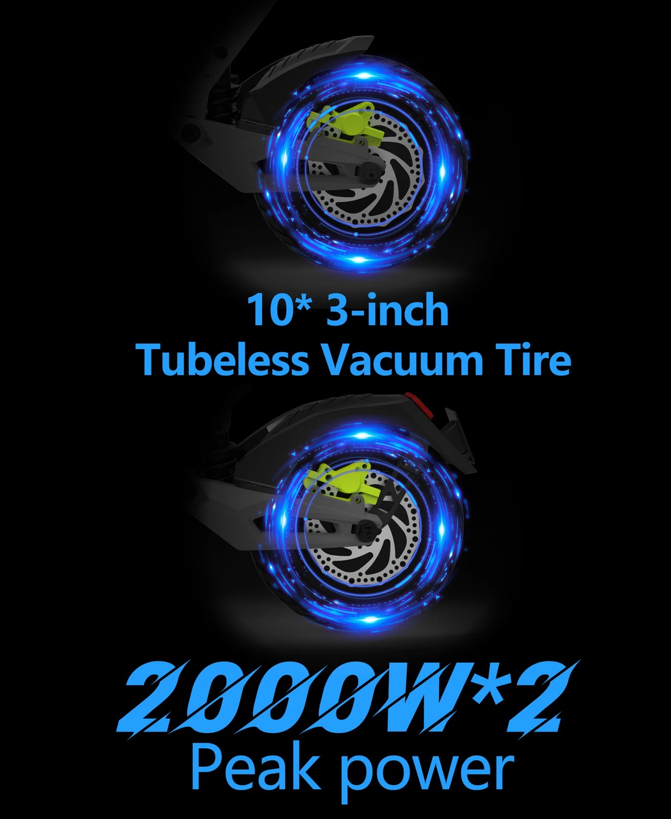 DriveTron Nova 10 x 3 inch tubeless vacuum tires with 2000W × 2 peak power