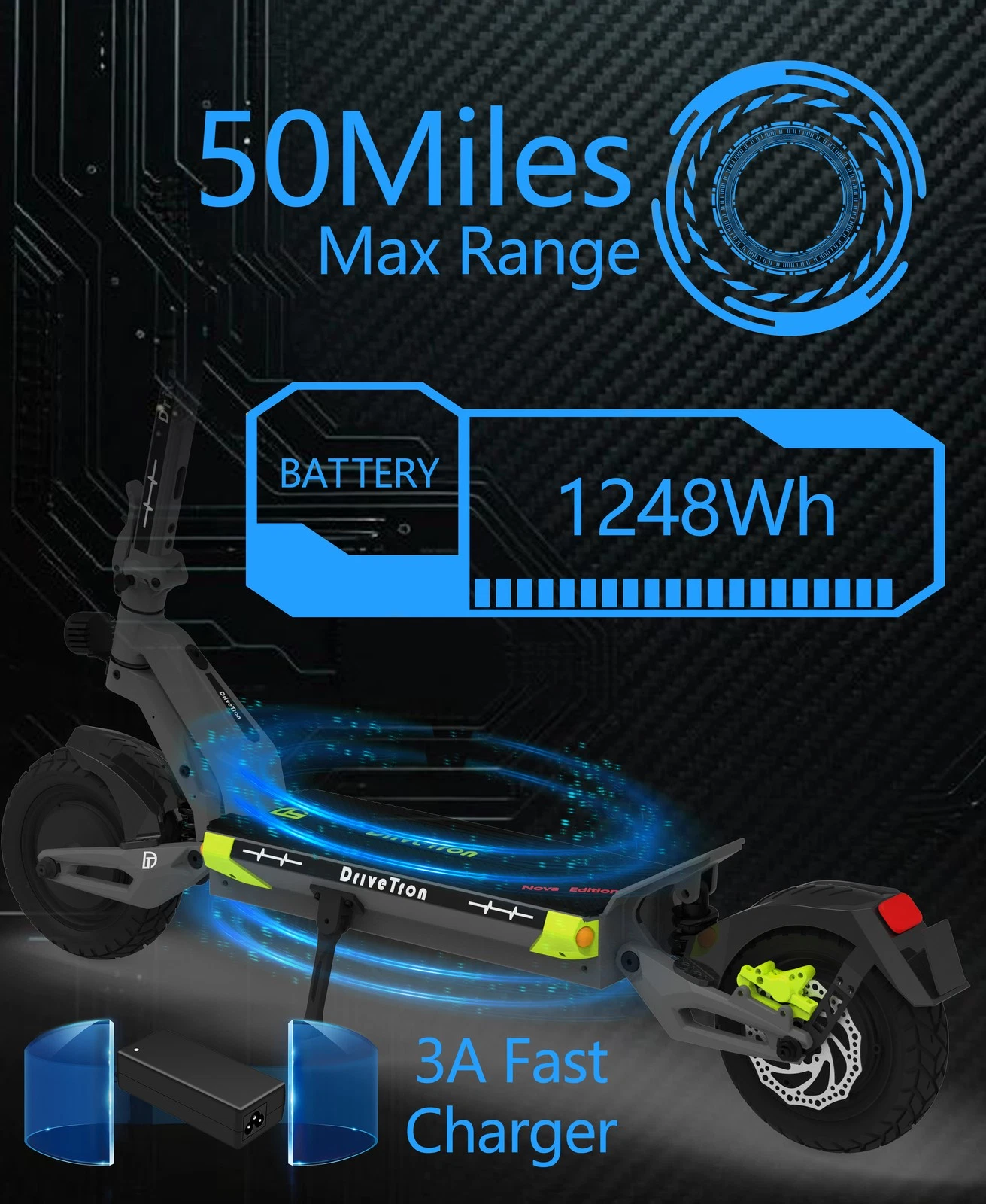 DriveTron Nova battery illustration with 3A fast charger and 50 mile max range