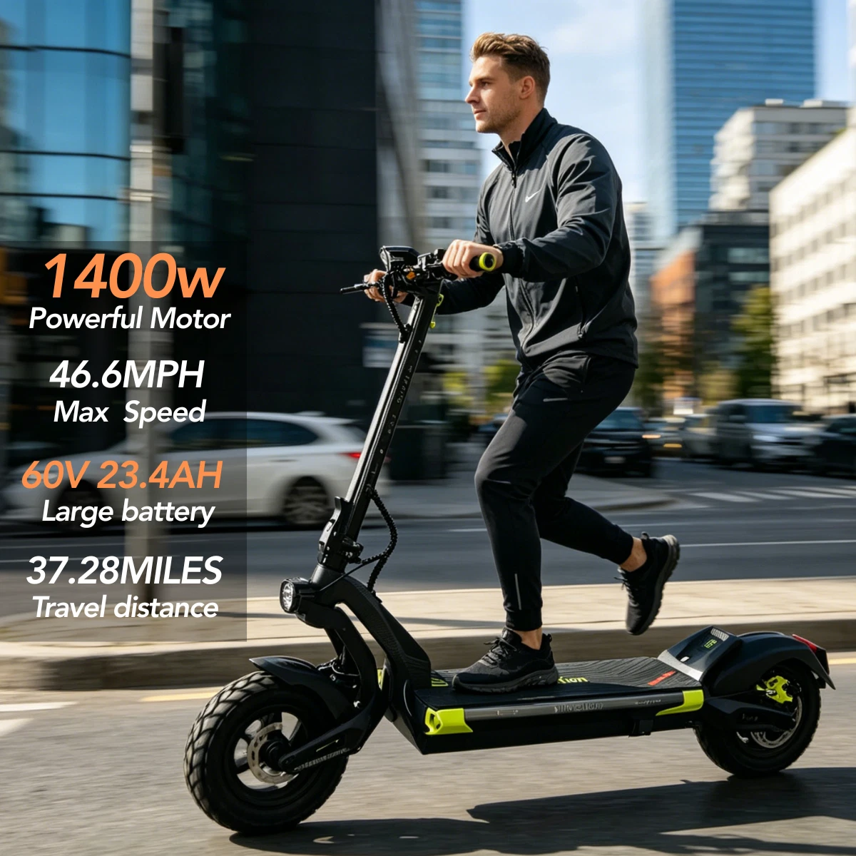 Rider on the DriveTron Nova electric scooter on a city street