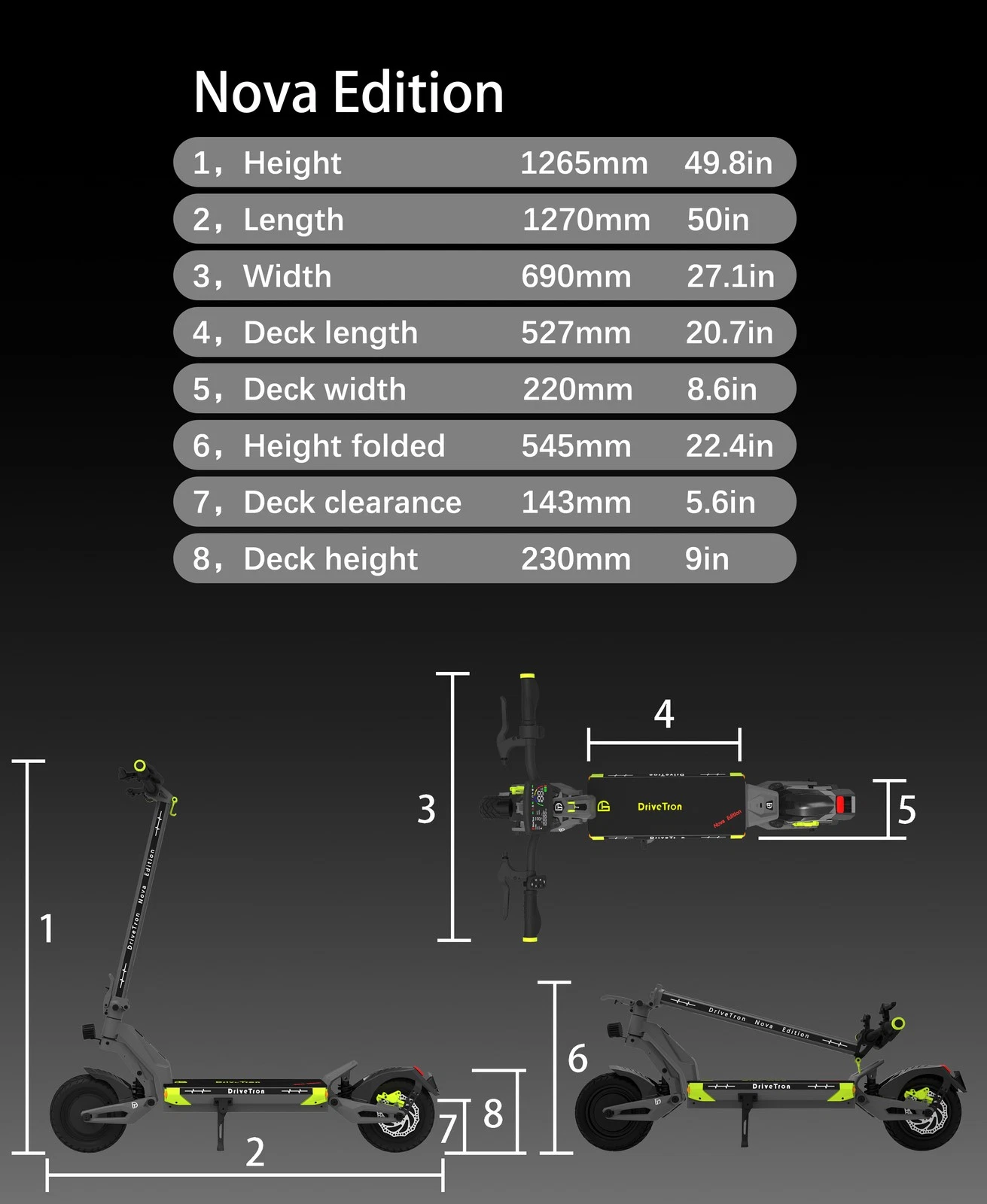 DriveTron Nova dimensions diagram: 49.8 in tall, 50 in long, 27.1 in wide, 22.4 in folded